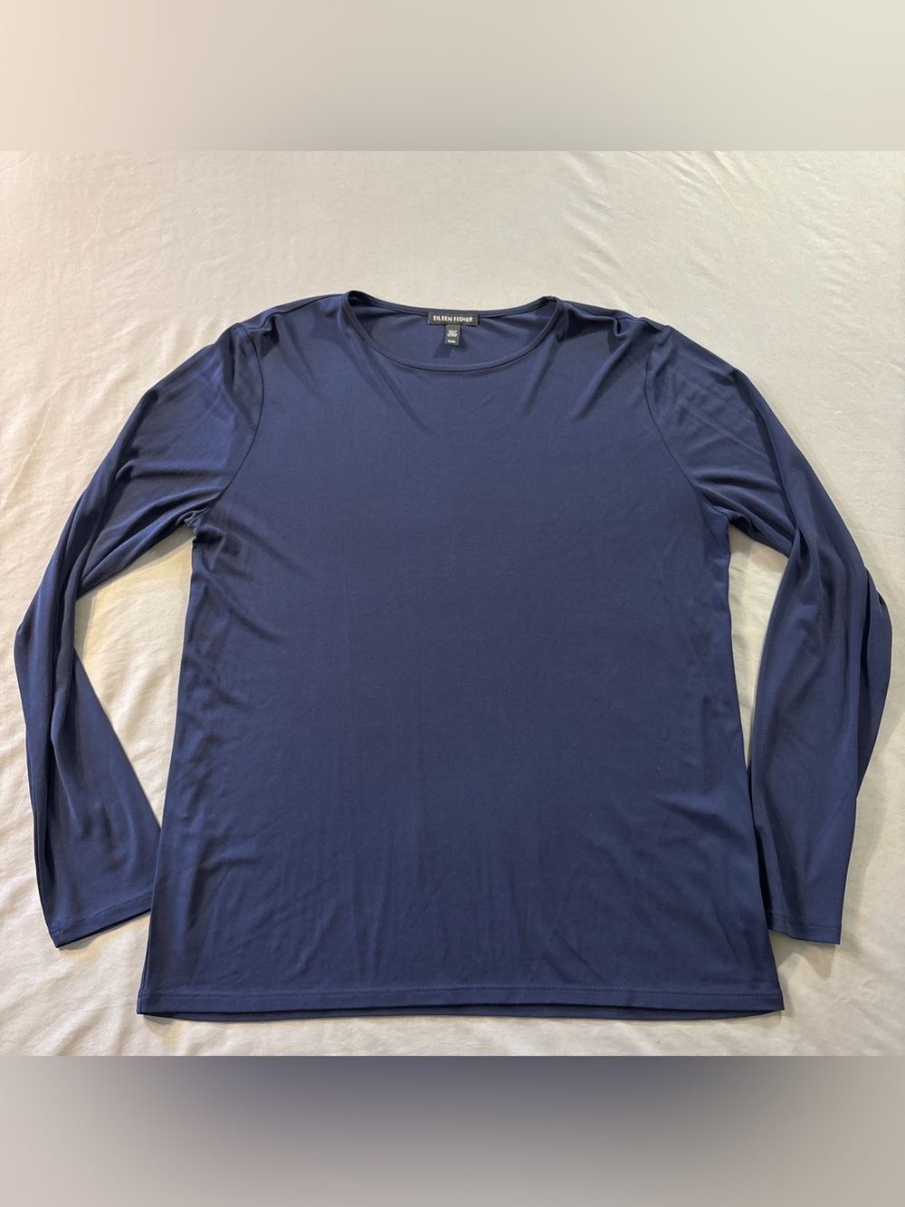 Eileen Fisher 100% Silk Long Sleeve Shirt Sz M Navy Blue Basic Top Quiet Luxury